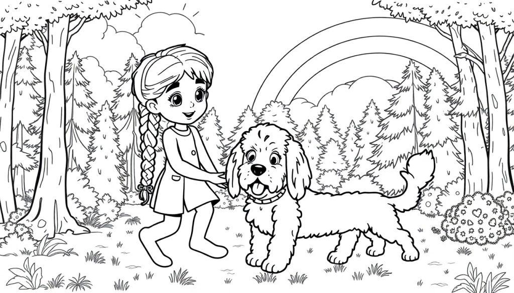 Kleurplaat van een vrolijk meisje met vlechtjes die naast een Labradoodle in het bos speelt, met een regenboog en wolken op de achtergrond.
