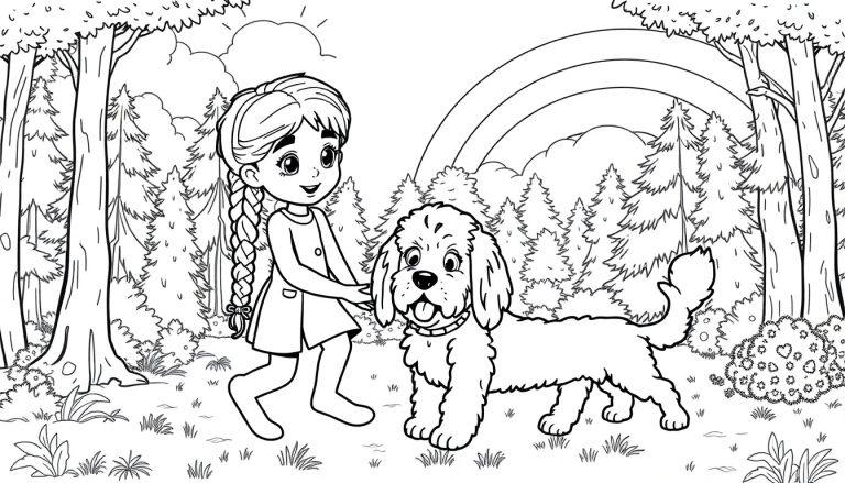 Kleurplaat van een vrolijk meisje met vlechtjes die naast een Labradoodle in het bos speelt, met een regenboog en wolken op de achtergrond.
