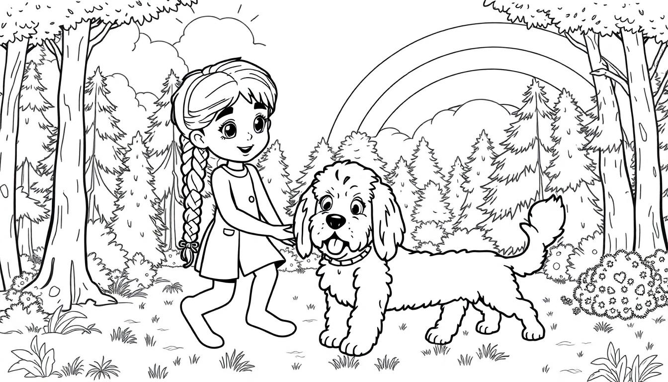 Kleurplaat van een vrolijk meisje met vlechtjes die naast een Labradoodle in het bos speelt, met een regenboog en wolken op de achtergrond.