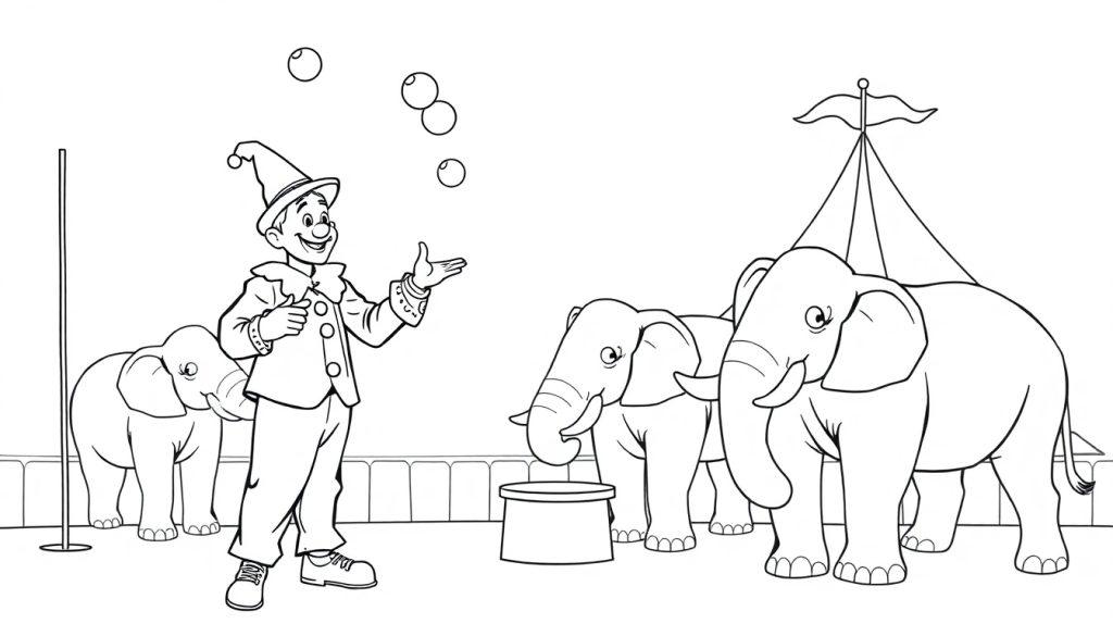 Een zwart-wit kleurplaat van een vrolijk circus met een clown die jongleert, drie olifanten bij een bak en een grote circustent met vlag.