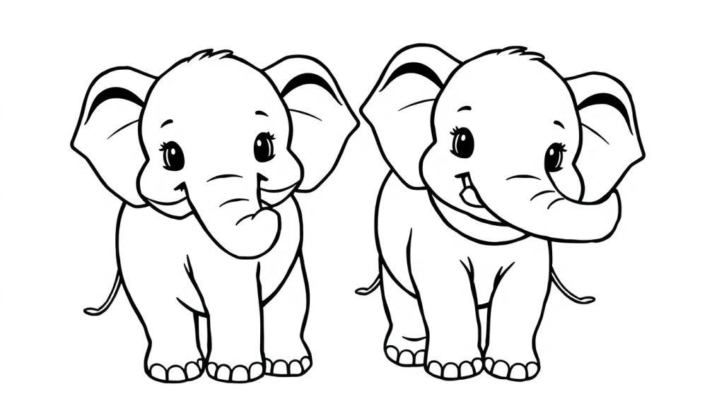 Twee schattige babyolifanten kleurplaat, zwart-wit met grote oren en vrolijke gezichten, perfect om in te kleuren.