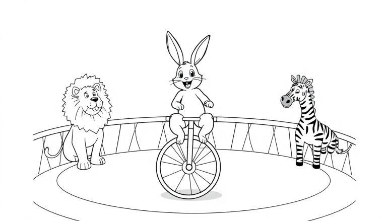 Vrolijke circuskleurplaat met een leeuw, een konijn en een zebra die plezier maken in een circusring.