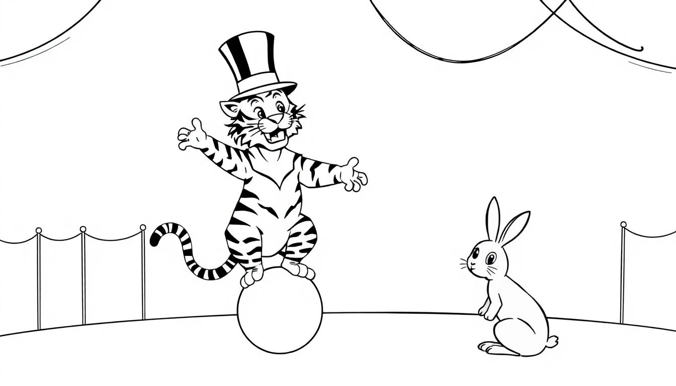 Zwart-wit kleurplaat van een circusachtige scène met een vrolijke tijger op een bal en een konijn die omhoog kijkt, omgeven door tenten en hekwerk.