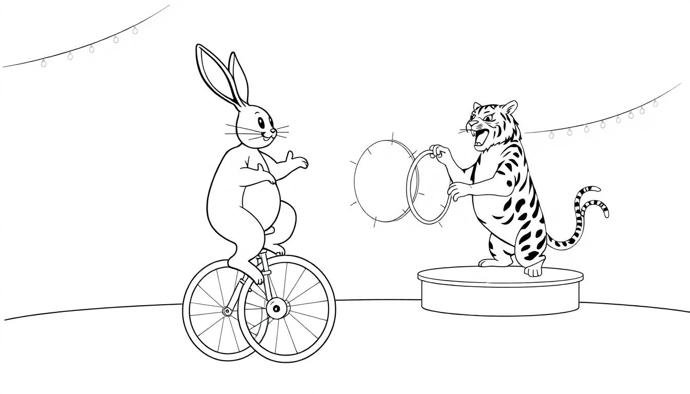 Zwart-wit kleurplaat van een grappig circus met een konijn op een eenwieler links en een tijger die hoepels omhoog houdt rechts. De scène heeft lampjes in de achtergrond.