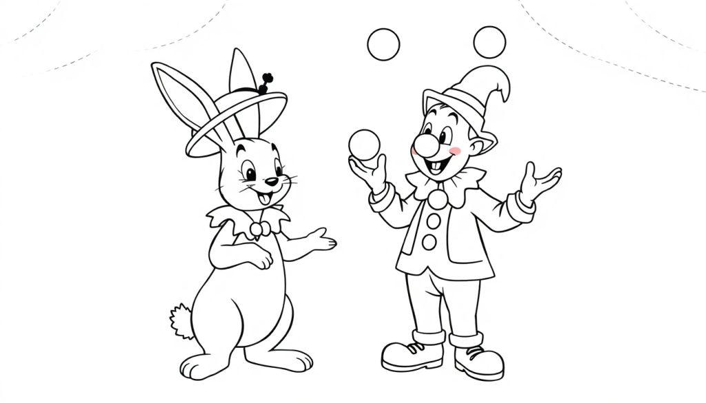 Zwart-wit kleurplaat van een vrolijk konijn met feesthoed en een clown die jongleert met drie ballen, geschikt voor een kinderkleurplaat.