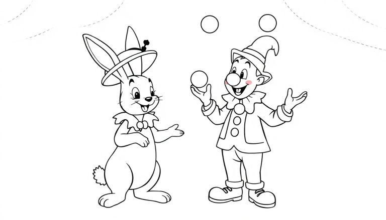 Zwart-wit kleurplaat van een vrolijk konijn met feesthoed en een clown die jongleert met drie ballen, geschikt voor een kinderkleurplaat.