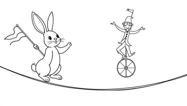 Kleurplaat van een vrolijk circus met een konijn dat een vlag vasthoudt en een persoon die op een eenwieler over een koord rijdt.