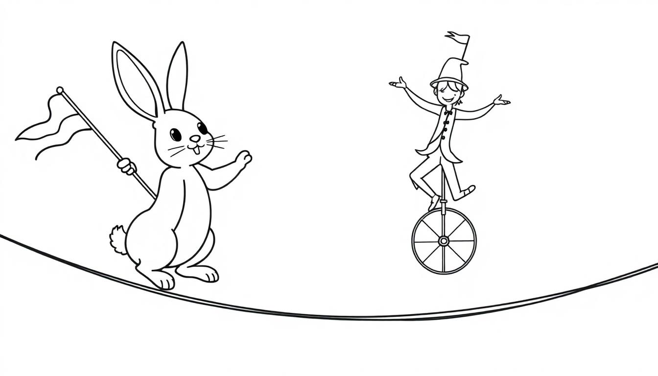 Kleurplaat van een vrolijk circus met een konijn dat een vlag vasthoudt en een persoon die op een eenwieler over een koord rijdt.