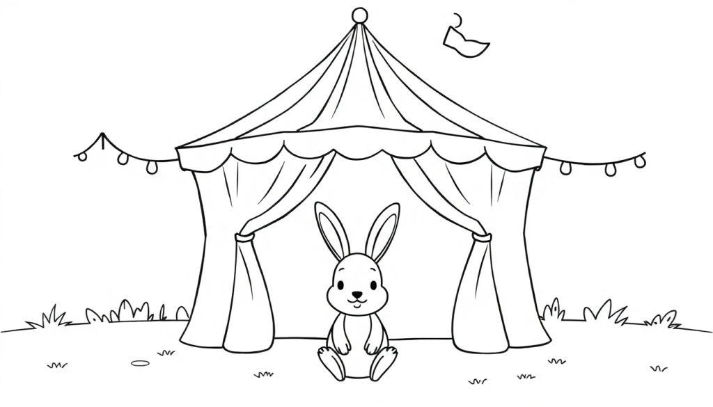 Kleurplaat van een schattig konijntje met een tent en sprookjesachtige decoraties, klaar om ingekleurd te worden.
