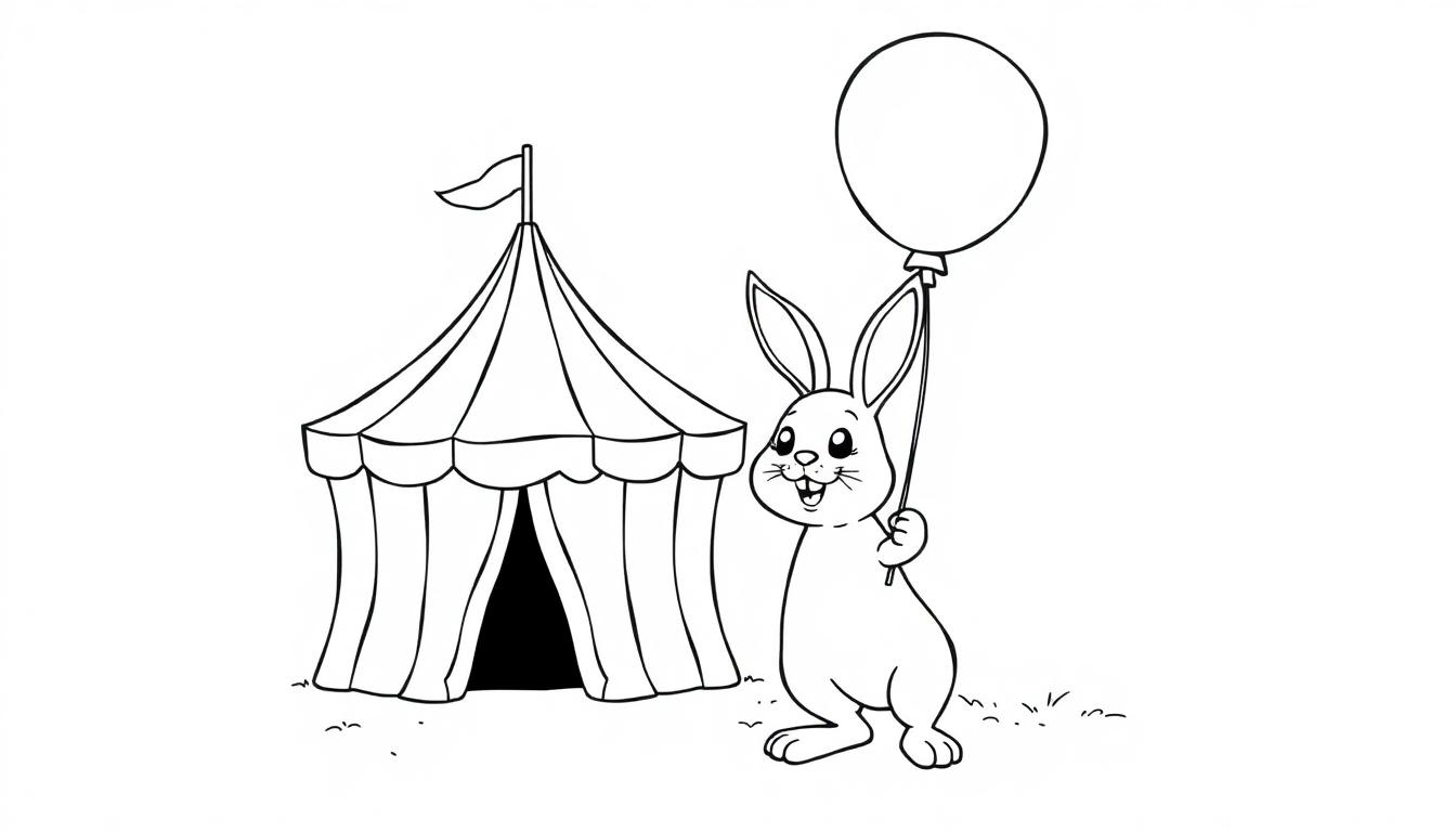 Zwart-wit kleurplaat van een lachend konijn met een ballon naast een circus tent met vlag.
