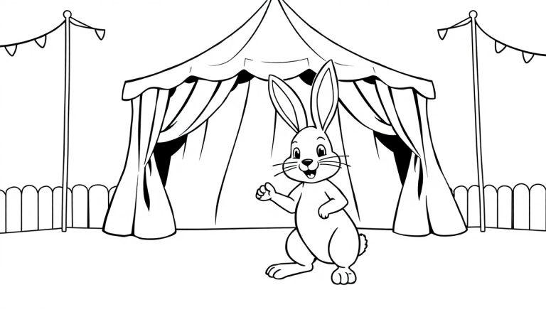 Zwart-wit kleurplaat van een vrolijk konijn voor een circustent, klaar om ingekleurd te worden.