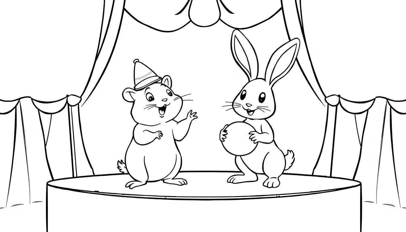 Zwart-wit kleurplaat van een hamster met een feesthoedje en een konijn die samen op een podium staan, met gordijnen op de achtergrond, klaar om gekleurd te worden.