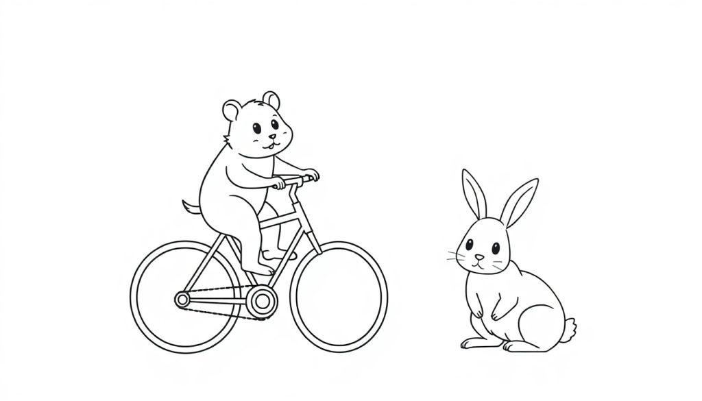 Zwart-witte kleurplaat van een schattige beer op een fiets en een konijn op de grond, allebei met vriendelijke gezichten, klaar om ingekleurd te worden.