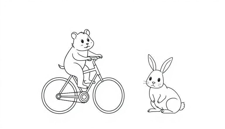 Zwart-witte kleurplaat van een schattige beer op een fiets en een konijn op de grond, allebei met vriendelijke gezichten, klaar om ingekleurd te worden.