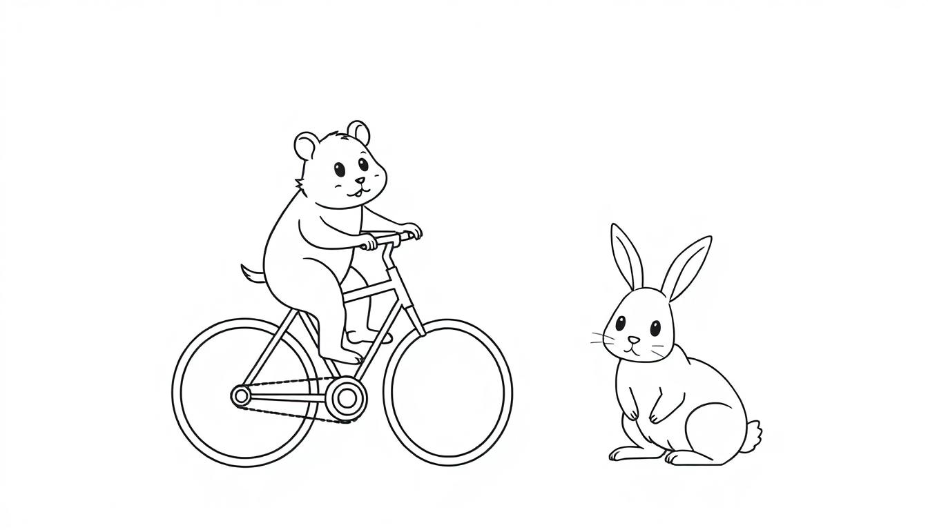 Zwart-witte kleurplaat van een schattige beer op een fiets en een konijn op de grond, allebei met vriendelijke gezichten, klaar om ingekleurd te worden.