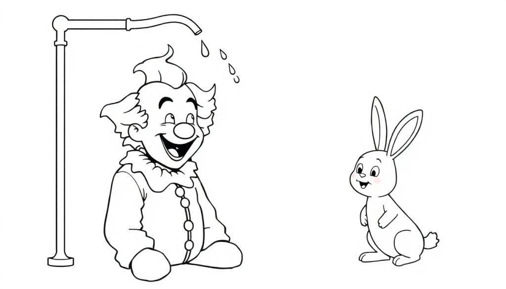 Zwart-wit kleurplaat van een clown en een konijn, met de clown die onder een douche staat en water uit de kraan valt, terwijl het konijn blij toekijkt.