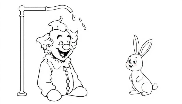 Zwart-wit kleurplaat van een clown en een konijn, met de clown die onder een douche staat en water uit de kraan valt, terwijl het konijn blij toekijkt.