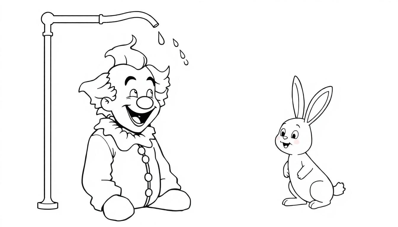 Zwart-wit kleurplaat van een clown en een konijn, met de clown die onder een douche staat en water uit de kraan valt, terwijl het konijn blij toekijkt.