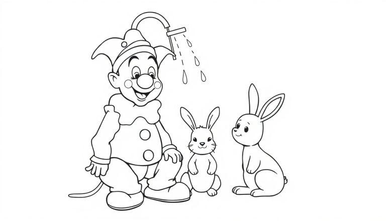 Zwart-wit kleurplaat van een vrolijke clown die onder de douche staat met twee konijnen naast zich, klaar om ingekleurd te worden.