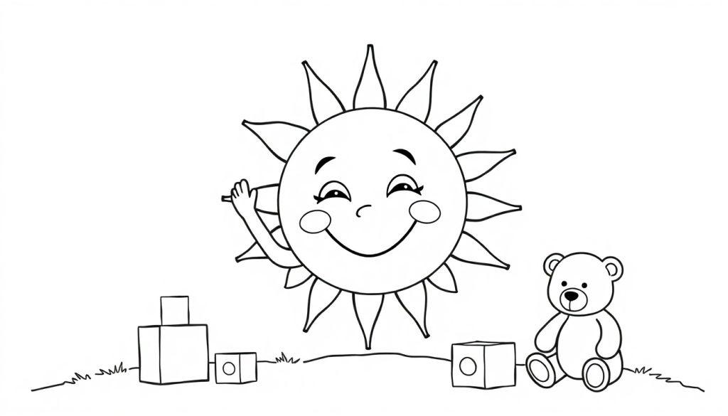 Lachende zon kleurplaat die naar je zwaait, met blokken op links en een beer rechts, geschikt voor een kleurboek voor kinderen.