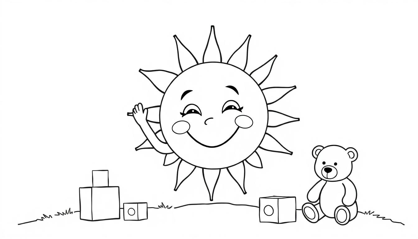 Lachende zon kleurplaat die naar je zwaait, met blokken op links en een beer rechts, geschikt voor een kleurboek voor kinderen.