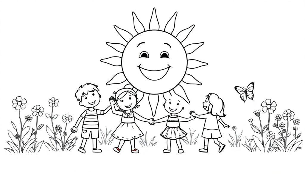 Zwart-wit kleurplaat van vier blije kinderen die in een cirkel hand in hand spelen onder een lachende zon, met een vlinder en bloemen eromheen, klaar om ingekleurd te worden.
