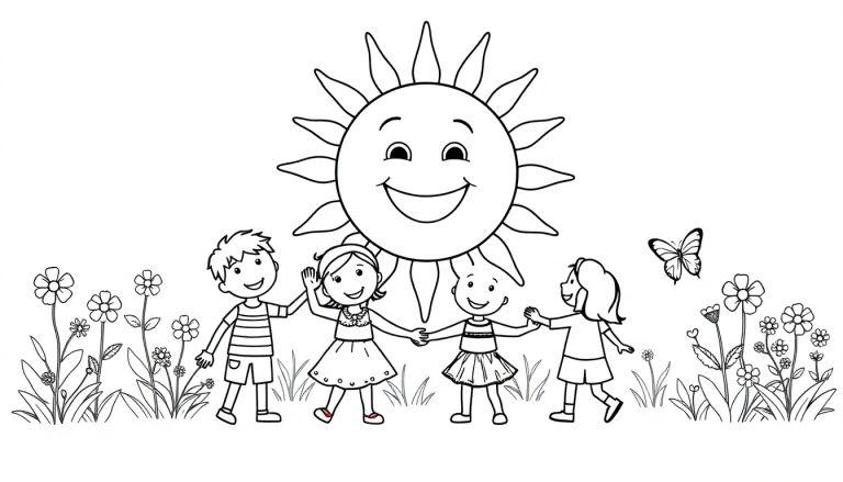 Zwart-wit kleurplaat van vier blije kinderen die in een cirkel hand in hand spelen onder een lachende zon, met een vlinder en bloemen eromheen, klaar om ingekleurd te worden.