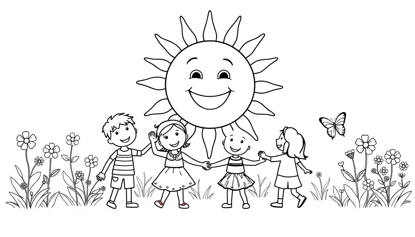 Zwart-wit kleurplaat van vier blije kinderen die in een cirkel hand in hand spelen onder een lachende zon, met een vlinder en bloemen eromheen, klaar om ingekleurd te worden.