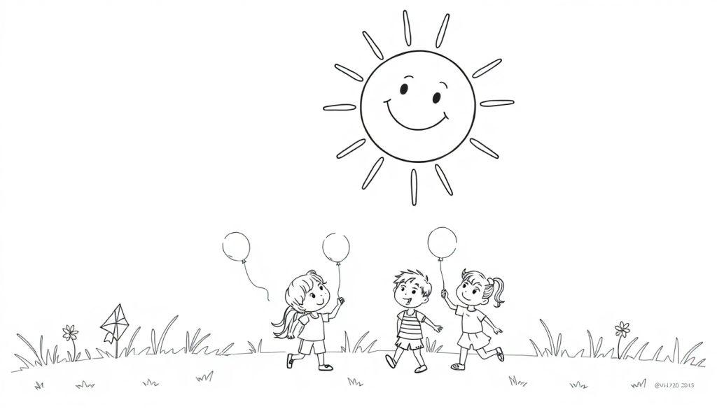 Zwart-wit kleurplaat van een lachende zon die zwaait, met drie blije kinderen met ballonnen, bloemen, gras en een vlieger op een grasveld.