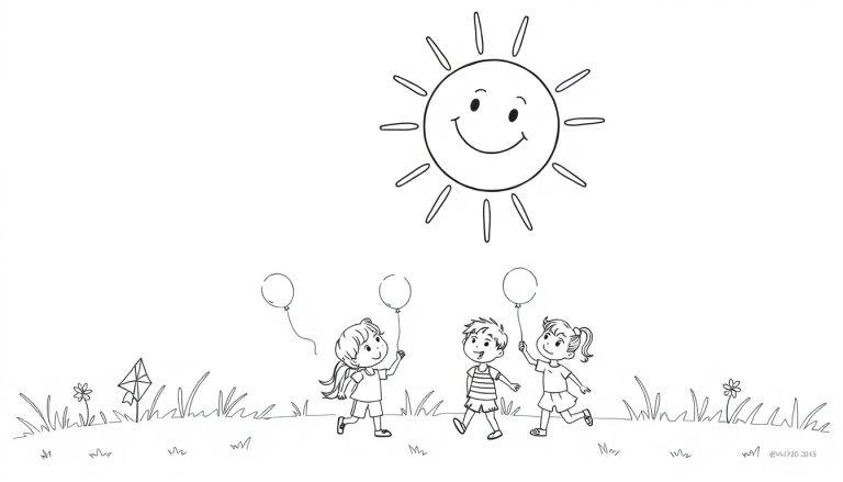 Zwart-wit kleurplaat van een lachende zon die zwaait, met drie blije kinderen met ballonnen, bloemen, gras en een vlieger op een grasveld.