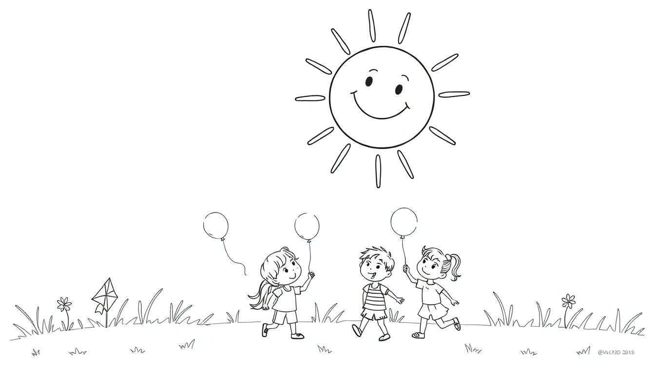 Zwart-wit kleurplaat van een lachende zon die zwaait, met drie blije kinderen met ballonnen, bloemen, gras en een vlieger op een grasveld.