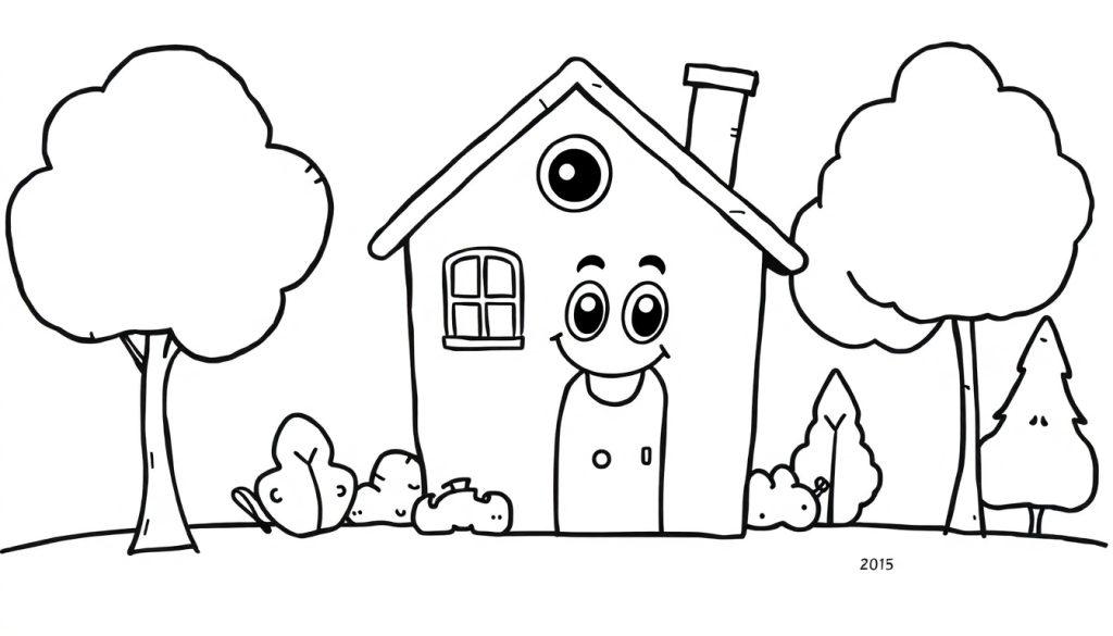 Een vrolijke zwart-wit kleurplaat van een glimlachend huis dat kinderen toewijkt, met bomen, gras en struiken eromheen.