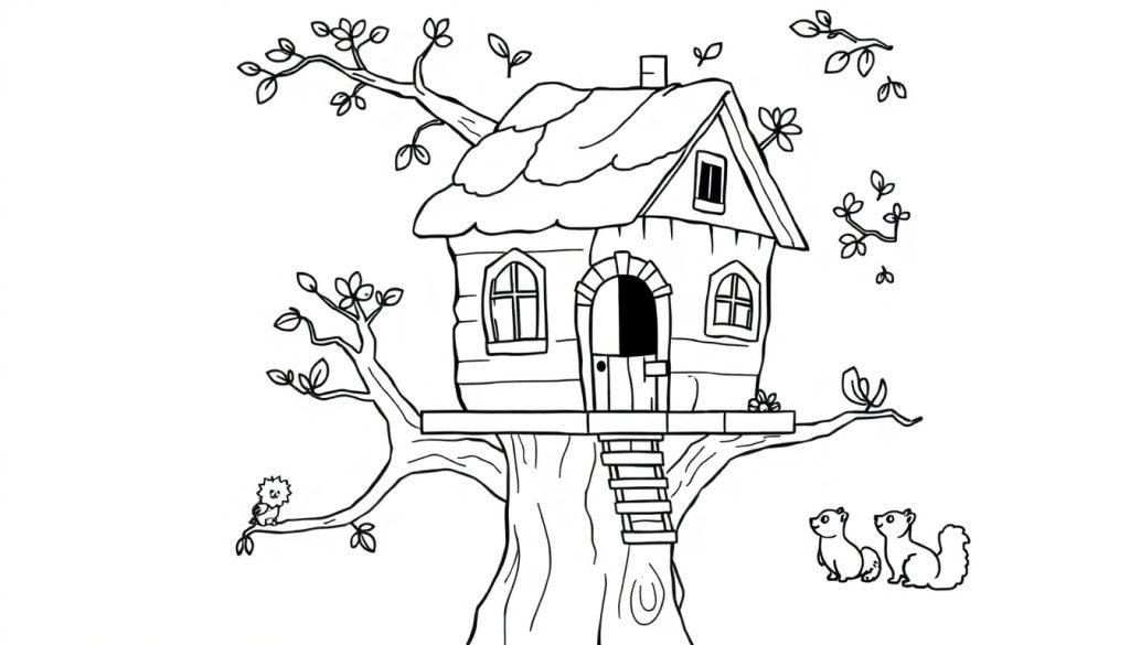 Zwart-witte kleurplaat van een lachende boomhut met dieren, klaar om ingekleurd te worden.