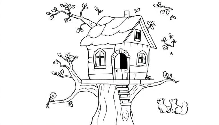 Zwart-witte kleurplaat van een lachende boomhut met dieren, klaar om ingekleurd te worden.