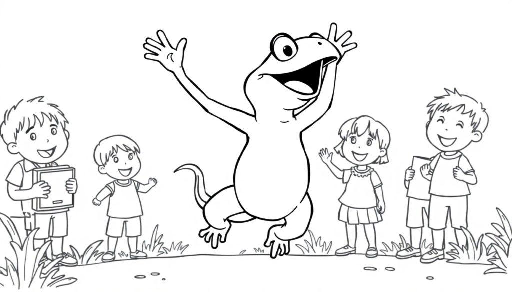 Kleurplaat van een vrolijke scène met een springende kikker en vier lachende kinderen eromheen.