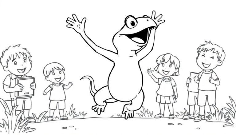 Kleurplaat van een vrolijke scène met een springende kikker en vier lachende kinderen eromheen.