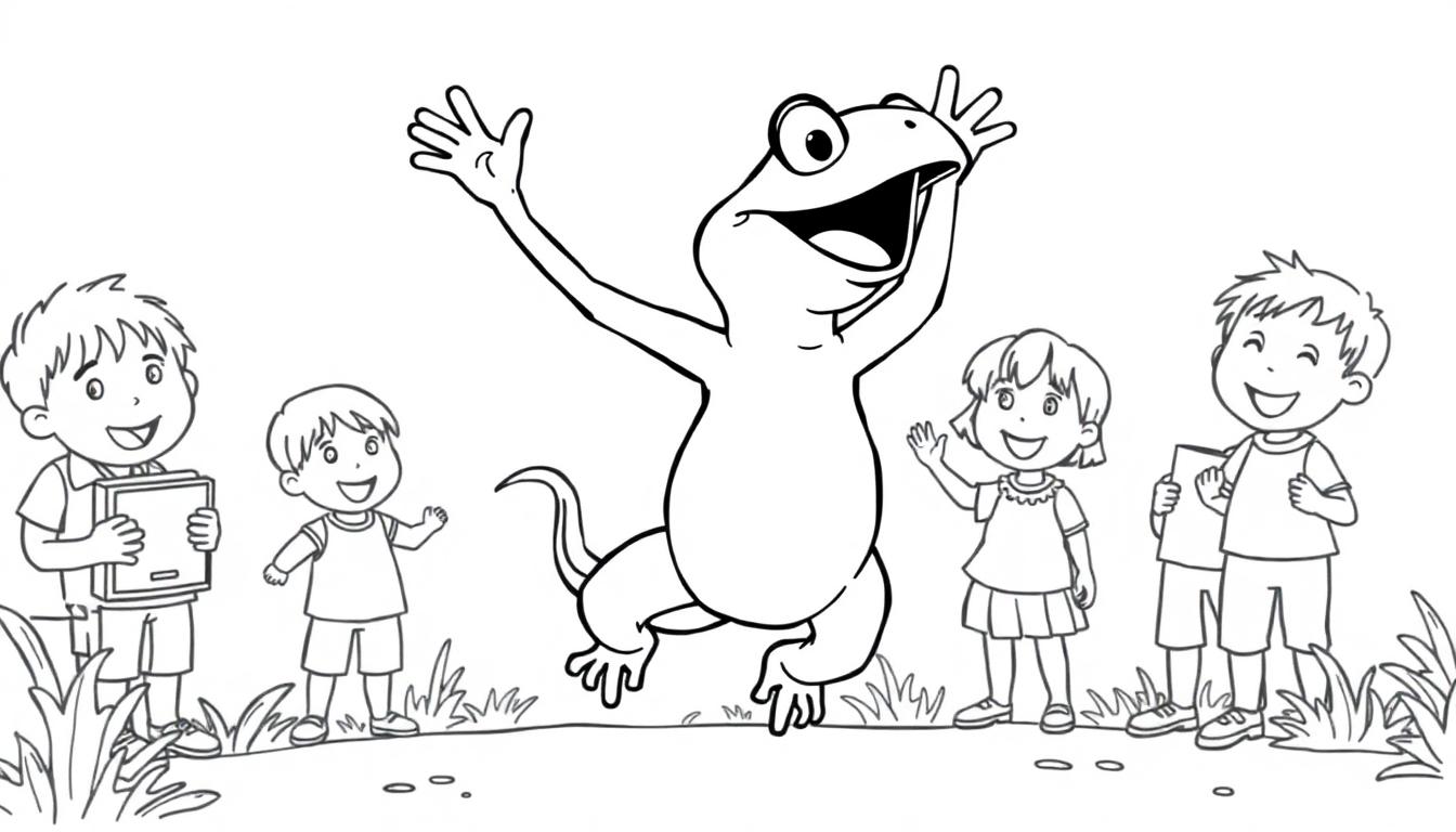 Kleurplaat van een vrolijke scène met een springende kikker en vier lachende kinderen eromheen.