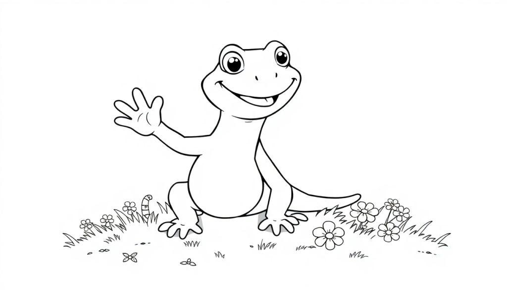 Een vrolijke, cartoonachtige hagedis die naar voren kijkt, zwaait met één poot en zit op een grasveld met bloemen, in zwart-wit voor een kleurplaat.