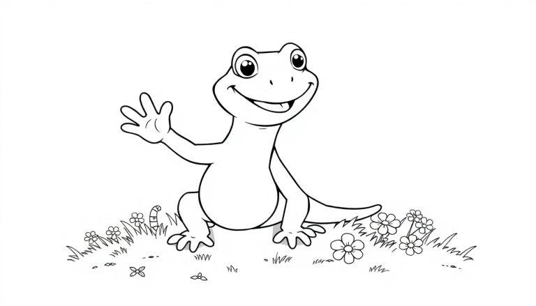 Een vrolijke, cartoonachtige hagedis die naar voren kijkt, zwaait met één poot en zit op een grasveld met bloemen, in zwart-wit voor een kleurplaat.