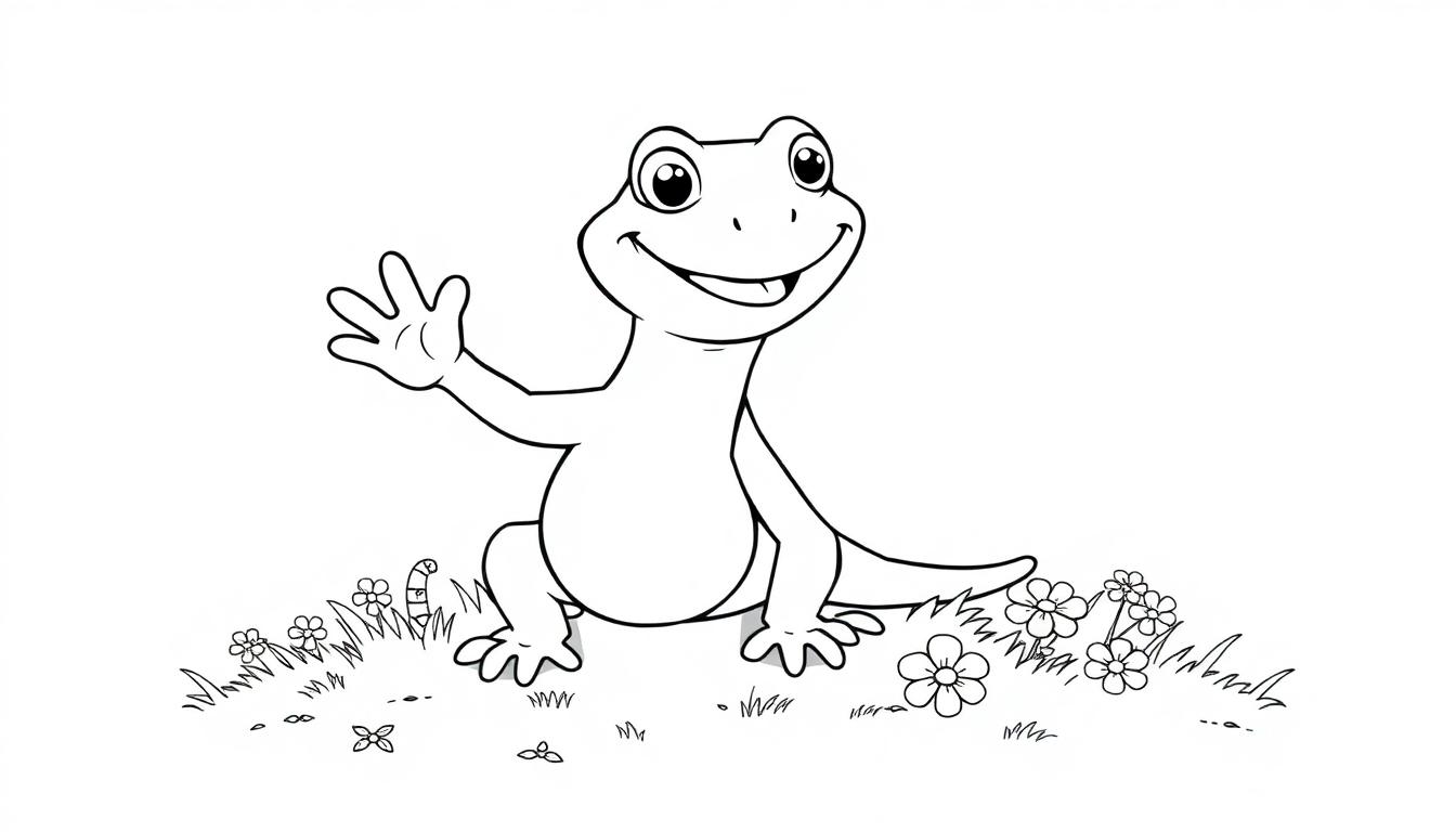 Een vrolijke, cartoonachtige hagedis die naar voren kijkt, zwaait met één poot en zit op een grasveld met bloemen, in zwart-wit voor een kleurplaat.