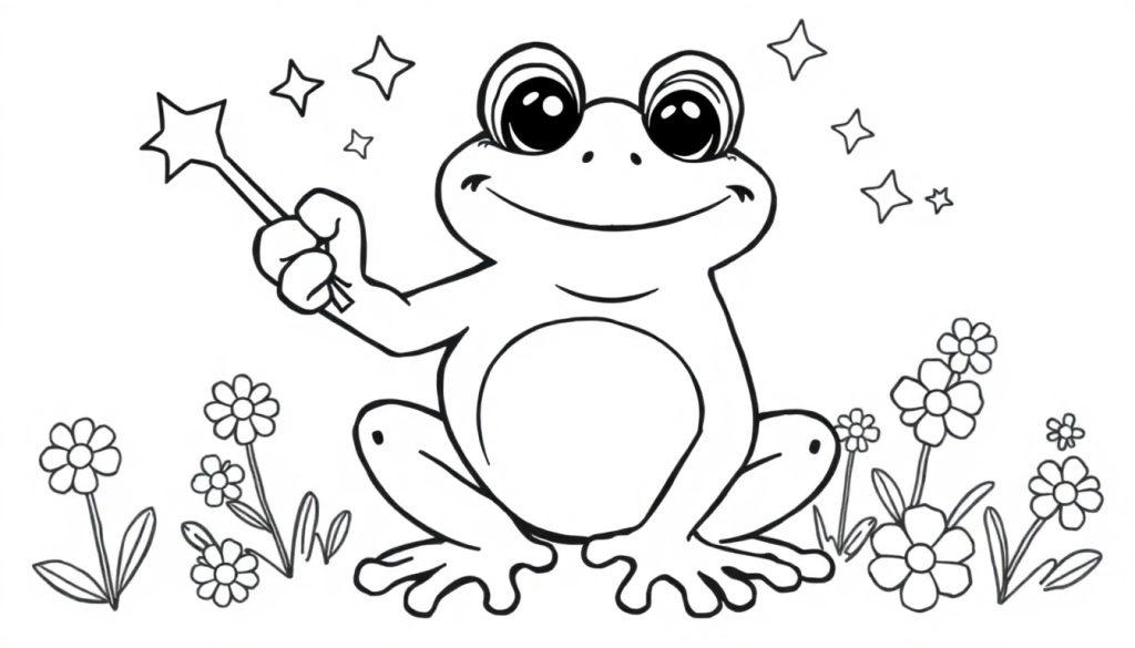 Zwart-wit kleurplaat van een vrolijke kikker die zwaait, met een toverstok en magische sterren, omringd door bloemen