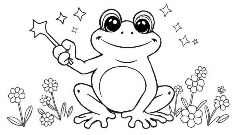 Zwart-wit kleurplaat van een vrolijke kikker die zwaait, met een toverstok en magische sterren, omringd door bloemen