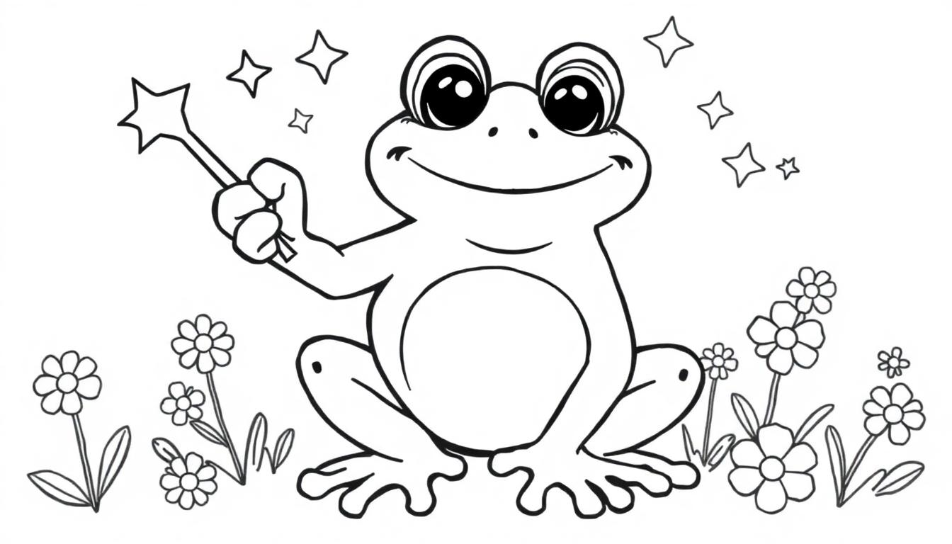 Zwart-wit kleurplaat van een vrolijke kikker die zwaait, met een toverstok en magische sterren, omringd door bloemen