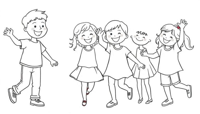 Kleurplaat van vijf blije kinderen die samen dansen en naar je zwaaien.