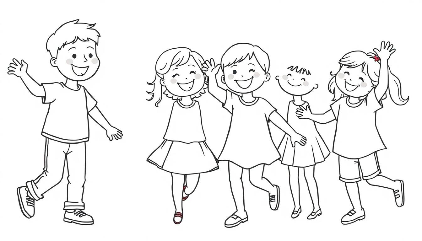 Kleurplaat van vijf blije kinderen die samen dansen en naar je zwaaien.