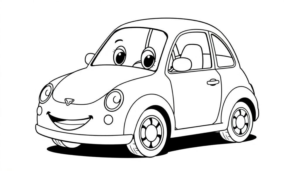 Zwart-witte kleurplaat van een lachende auto met grote ogen en een brede glimlach, die zwaait naar kinderen.