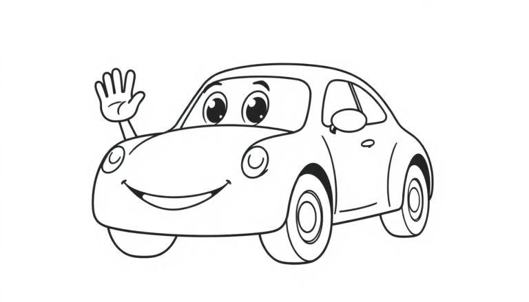 Een schattige, cartoonachtige auto die lacht en zwaait, in zwart-wit voor een kleurplaat voor kinderen.