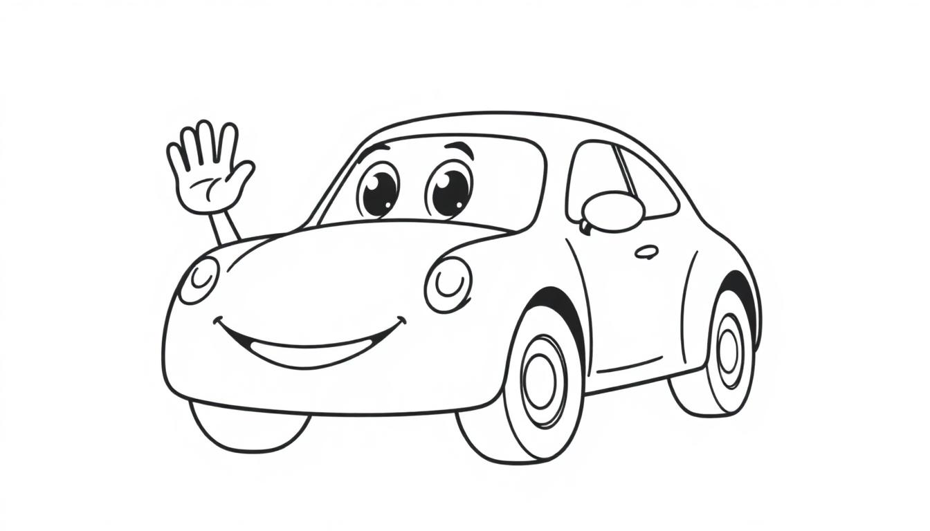 Een schattige, cartoonachtige auto die lacht en zwaait, in zwart-wit voor een kleurplaat voor kinderen.