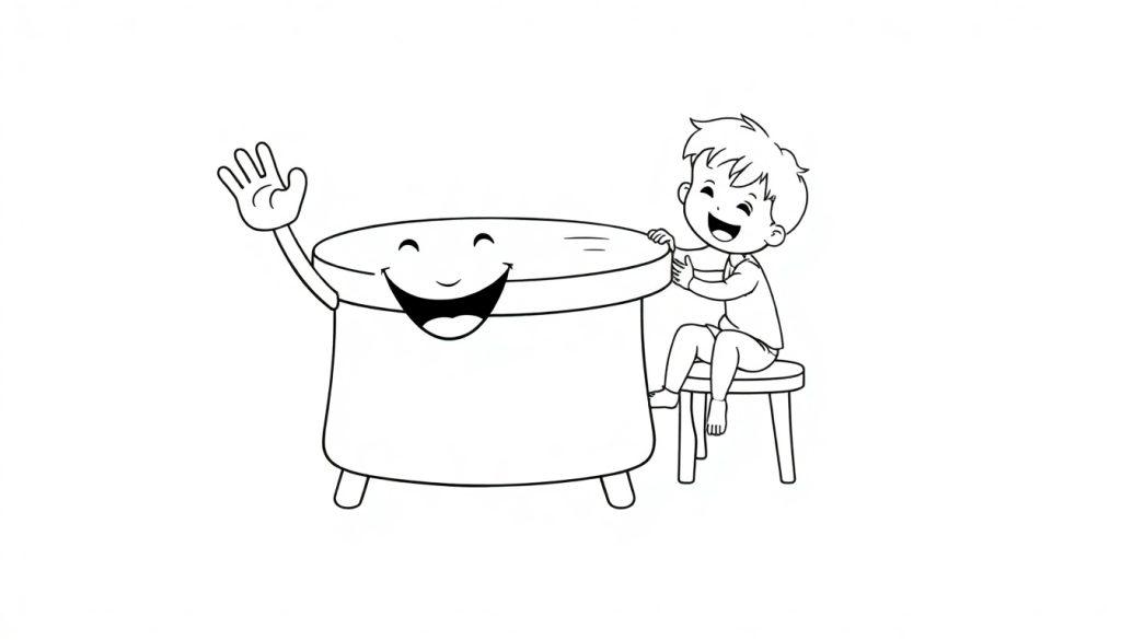Zwart-wit kleurplaat van een lachende tafel die naar kinderen zwaait, met een kind dat naast de tafel zit op een krukje en vrolijk meedoet.