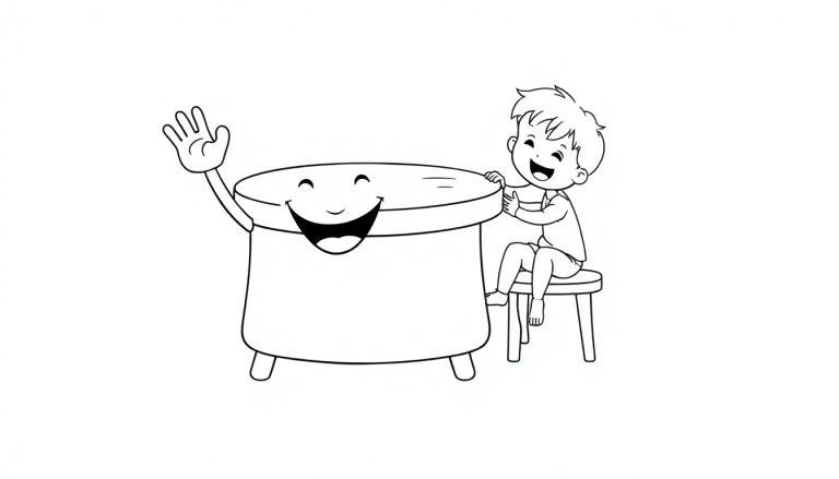 Zwart-wit kleurplaat van een lachende tafel die naar kinderen zwaait, met een kind dat naast de tafel zit op een krukje en vrolijk meedoet.